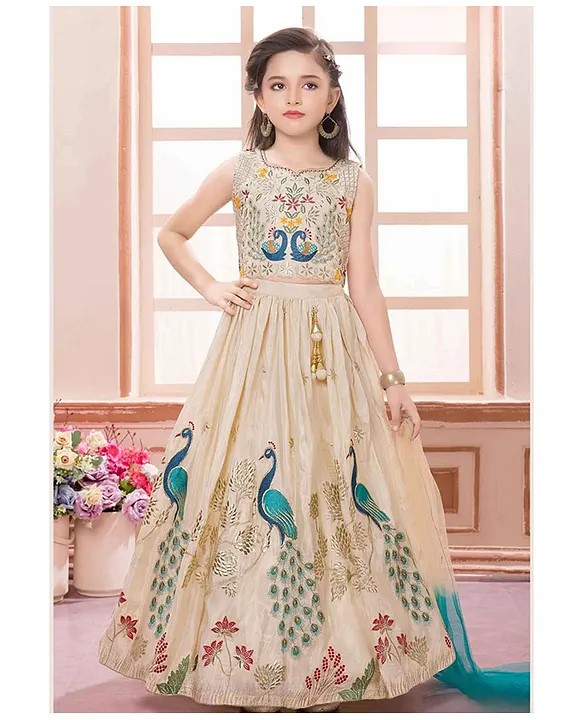 Lagorii Silk Woven Sleeveless Peacock & Floral Embroidered Lehenga Choli With Dupatta Set - Cream